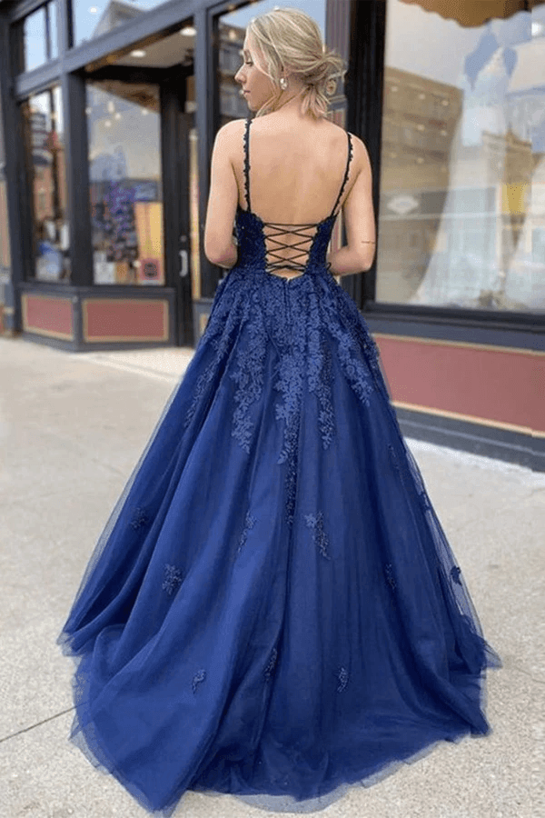 A Line Navy Blue Tulle Lace Long Prom Dress Evening Dress US12 Navy Blue