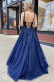 A-line Navy Blue Tulle Lace Long Prom Dress Evening Dress PSK205 - Pgmdress