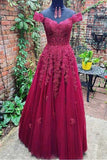 A-line Off Shoulder Burgundy Lace Tulle Prom Dresses Formal Dresses  PSK015