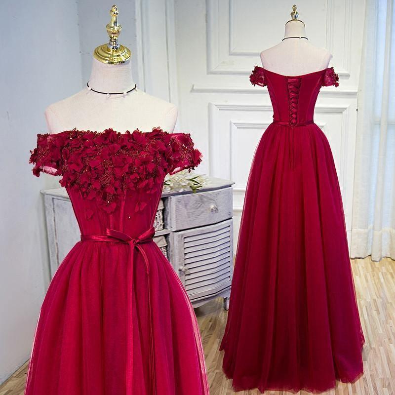 A-line Off The Shoulder Burgundy Hand-Made Flower Prom Dress PSK004 - Pgmdress