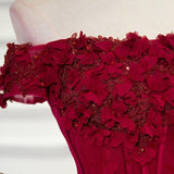 A-line Off The Shoulder Burgundy Hand-Made Flower Prom Dress PSK004 - Pgmdress