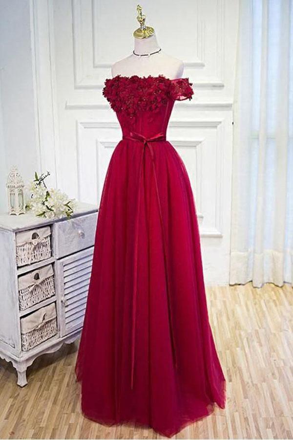 A-line Off The Shoulder Burgundy Hand-Made Flower Prom Dress PSK004 - Pgmdress