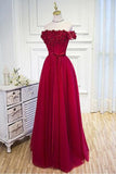 A-line Off The Shoulder Burgundy Hand-Made Flower Prom Dress   PSK004