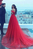 A-Line Off-the-Shoulder Court Train Dark Red Tulle Prom Dress PG508 - Pgmdress