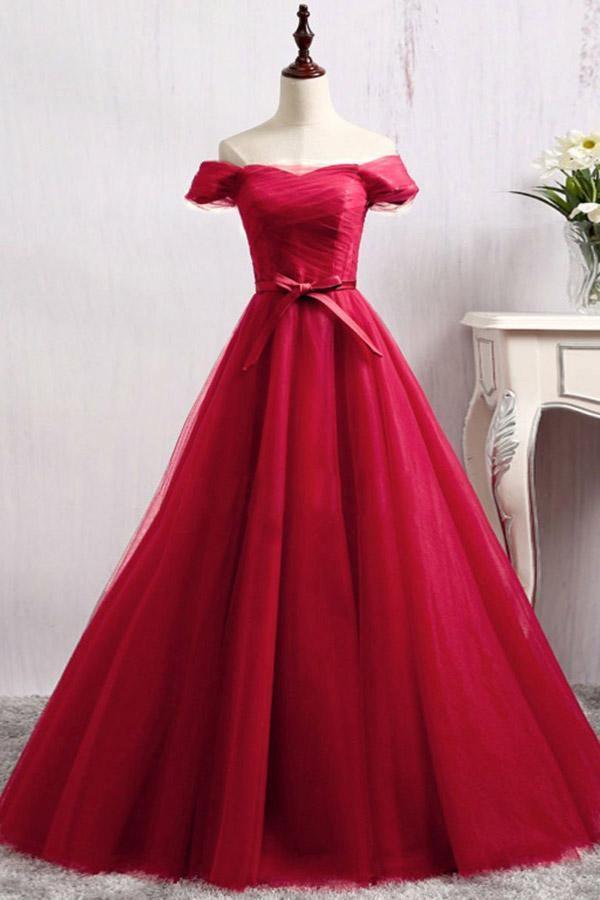 A-Line Off-the-Shoulder Floor-Length Dark Red Tulle Prom Dress PSK097 - Pgmdress