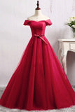 A-Line Off-the-Shoulder Floor-Length Dark Red Tulle Prom Dress  PSK097