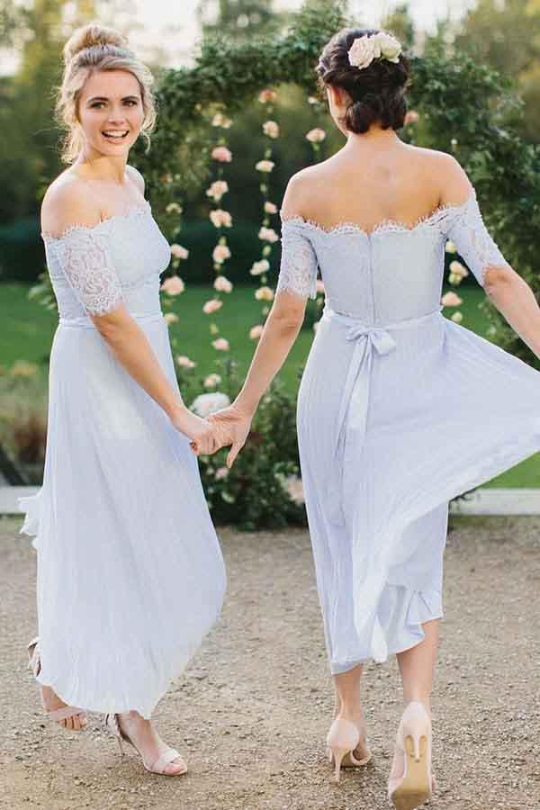A-Line Off-the-Shoulder Light Blue Pleated Chiffon Bridesmaid Dress with Lace BD056 - Pgmdress