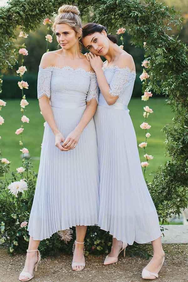 A-Line Off-the-Shoulder Light Blue Pleated Chiffon Bridesmaid Dress with Lace BD056 - Pgmdress