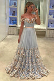 A-Line Off-the-Shoulder Light Sky Blue Tulle Prom Dress with Appliques PG816 - Pgmdress
