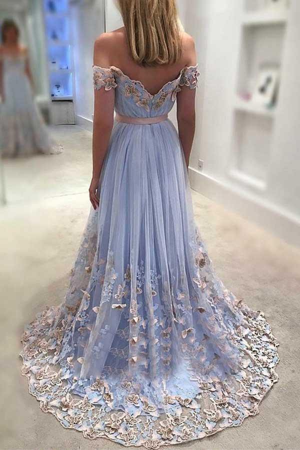 A-Line Off-the-Shoulder Light Sky Blue Tulle Prom Dress with Appliques PG816 - Pgmdress