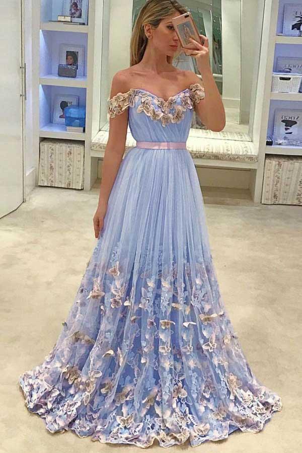 A-Line Off-the-Shoulder Light Sky Blue Tulle Prom Dress with Appliques PG816 - Pgmdress