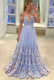 A-Line Off-the-Shoulder Light Sky Blue Tulle Prom Dress with Appliques PG816