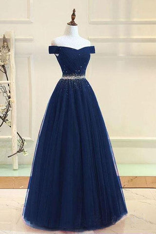 A-line Off The Shoulder Navy Blue Tulle Prom Dress With Beading PG737 - Pgmdress
