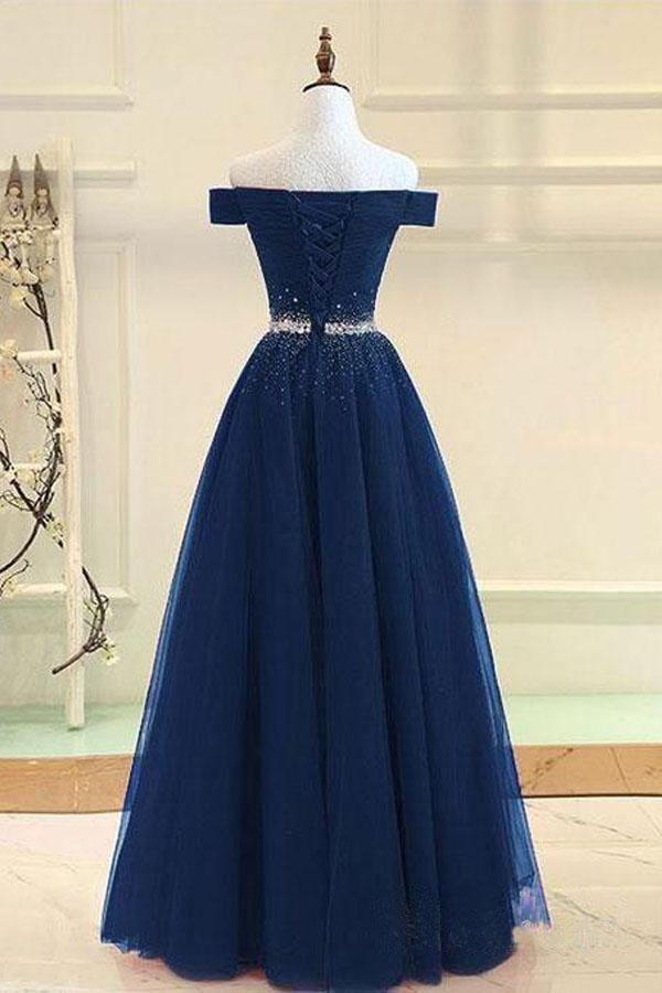A-line Off The Shoulder Navy Blue Tulle Prom Dress With Beading PG737 - Pgmdress