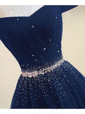 A-line Off The Shoulder Navy Blue Tulle Prom Dress With Beading PG737 - Pgmdress