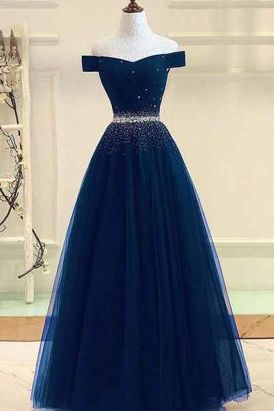 A-line Off The Shoulder Navy Blue Tulle Prom Dress With Beading PG737 US16 / Custom Color