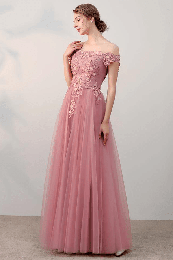 A-line Off-the-shoulder Pink Applique Tulle Prom Dress Evening Dress PSK062 - Pgmdress