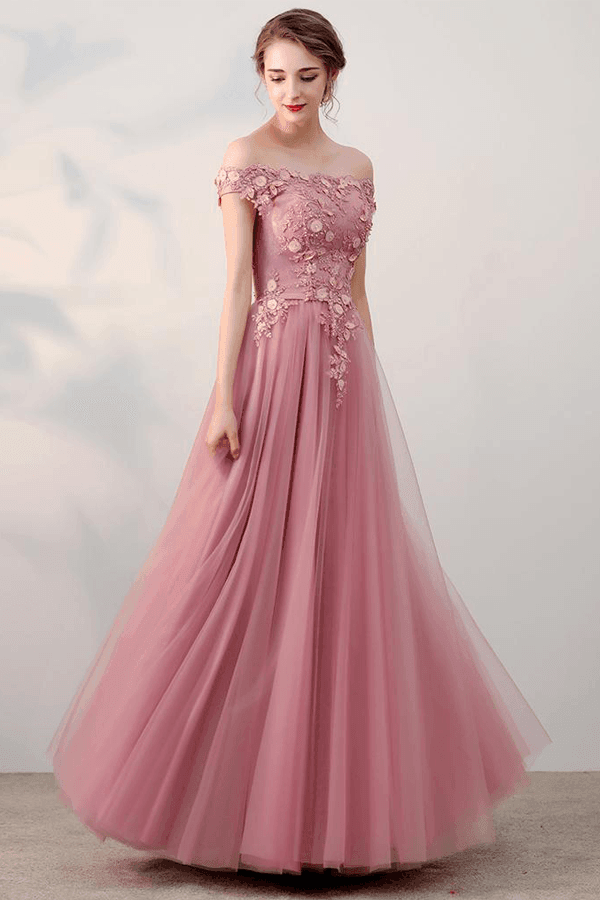 A-line Off-the-shoulder Pink Applique Tulle Prom Dress Evening Dress PSK062 - Pgmdress