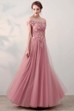 A-line Off-the-shoulder Pink Applique Tulle Prom Dress Evening Dress PSK062 - Pgmdress