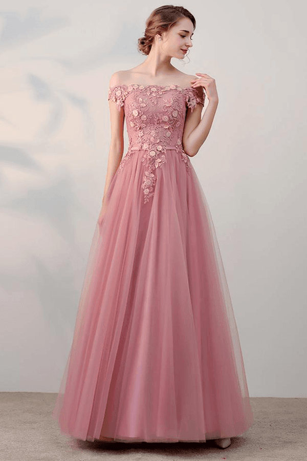 A-line Off-the-shoulder Pink Applique Tulle Prom Dress Evening Dress PSK062 - Pgmdress