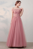 A-line Off-the-shoulder Pink Applique Tulle Prom Dress Evening Dress  PSK062