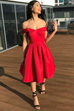 A-Line Off-the-Shoulder Pleated Red Satin Homecoming Dress PD313 - Pgmdress