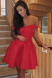 A-Line Off-the-Shoulder Pleated Red Satin Homecoming Dress PD313 - Pgmdress