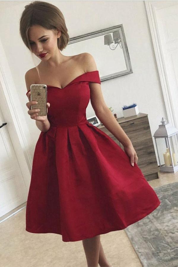 A-Line Off-the-Shoulder Pleated Red Satin Homecoming Dress PD313 - Pgmdress