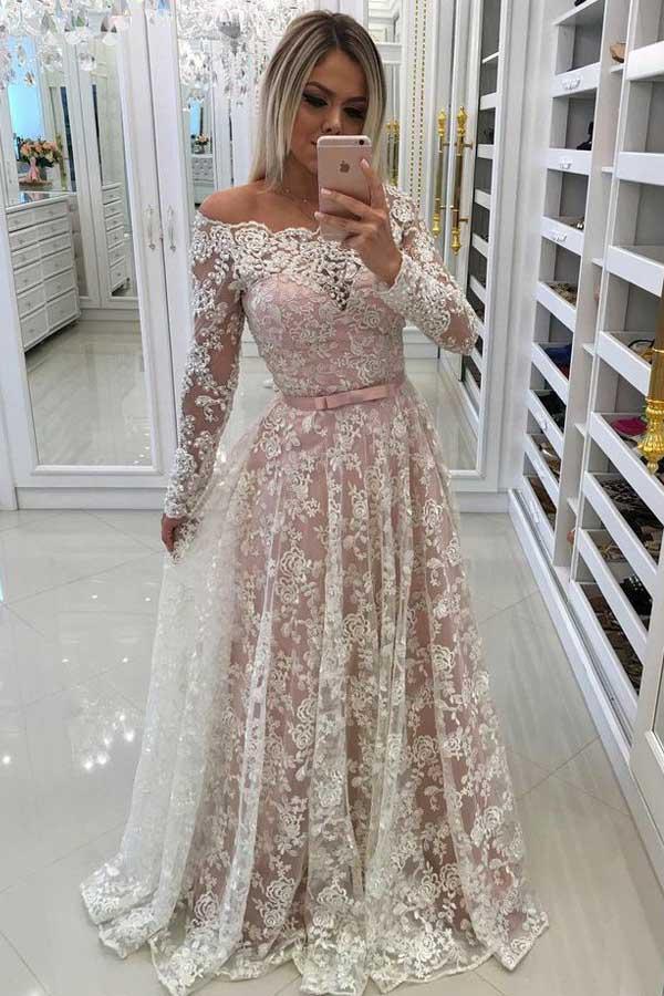 A-Line Off-the-Shoulder Prom Dress with Lace Appliques Sleeves PG535 - Pgmdress
