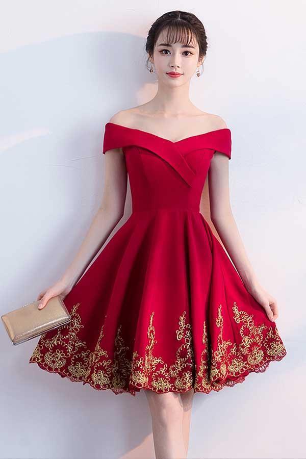 A-line Off The Shoulder Red Homecoming Dresses With Lace Applique PD122 - Pgmdress