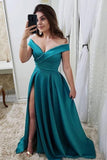 A-line Off The Shoulder Satin Green Split Prom/Evening  Dresses  PM235