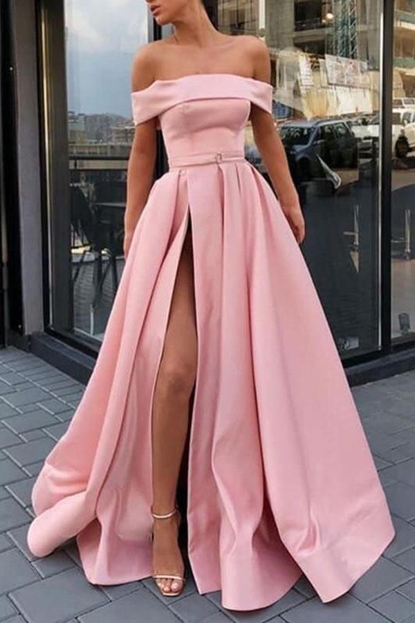 A Line Off the Shoulder Satin Pink High Split Prom Dresses Formal Dresses PSK057 - Pgmdress