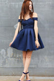 A-Line Off-the-Shoulder Short Royal Blue Satin Sleeveless Homecoming Dress PD404 - Pgmdress