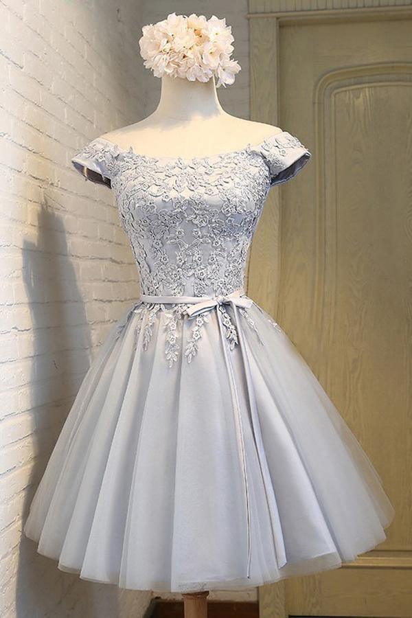 A-Line Off-the-Shoulder Short Sleeveless Grey Tulle Homecoming Dress PD139 - Pgmdress
