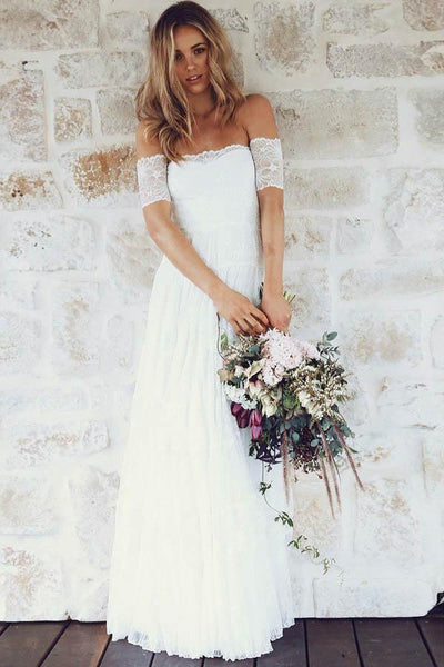 A-Line Off-the-Shoulder Short Sleeves Lace Boho Wedding Dress WD396 US12 / White A-Line Off-the-Shoulder Short Sleeves Lace Boho Wedding Dress WD396 US12 / White