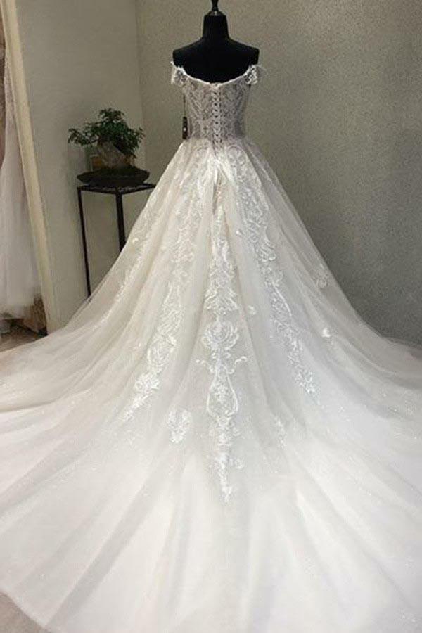 A-Line Off-the-Shoulder Short Sleeves Wedding Dress with Appliques WD226 - Pgmdress
