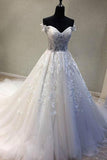 A-Line Off-the-Shoulder Short Sleeves Wedding Dress with Appliques WD226 - Pgmdress