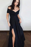 A Line Off the Shoulder Side Split Black Satin Black Long Prom Dresses PG794 - Pgmdress