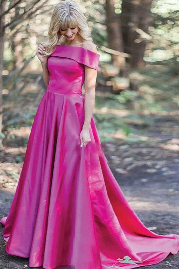 A-Line Off-the-Shoulder Sweep Train Pink Satin Prom Dress with Pockets PG668 - Pgmdress