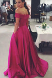 A-Line Off-the-Shoulder Sweep Train Pink Satin Prom Dress with Pockets PG668 - Pgmdress