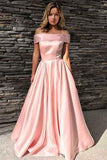 A-Line Off-the-Shoulder Sweep Train Pink Satin Prom Dress with Pockets PG668 - Pgmdress