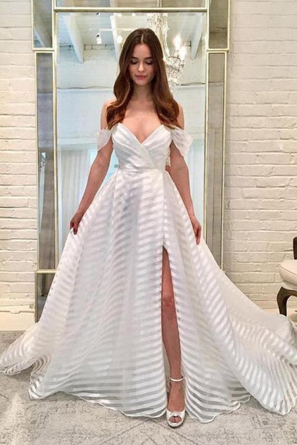 A-Line Off-the-Shoulder Sweep Train White Wedding Dress with Tiered Split WD478 - Pgmdress