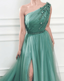 A-line One Shoulder Jungle Tulle Split Prom/Formal Dresses With Beading PG955 - Pgmdress