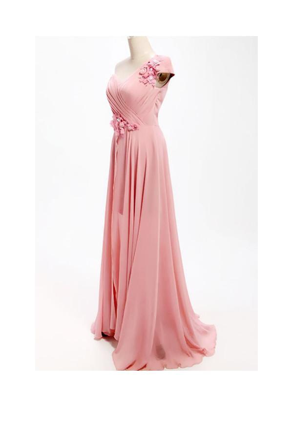A-line One Shoulder Long Chiffon Bridesmaid Dress with Flowers BD017 - Pgmdress