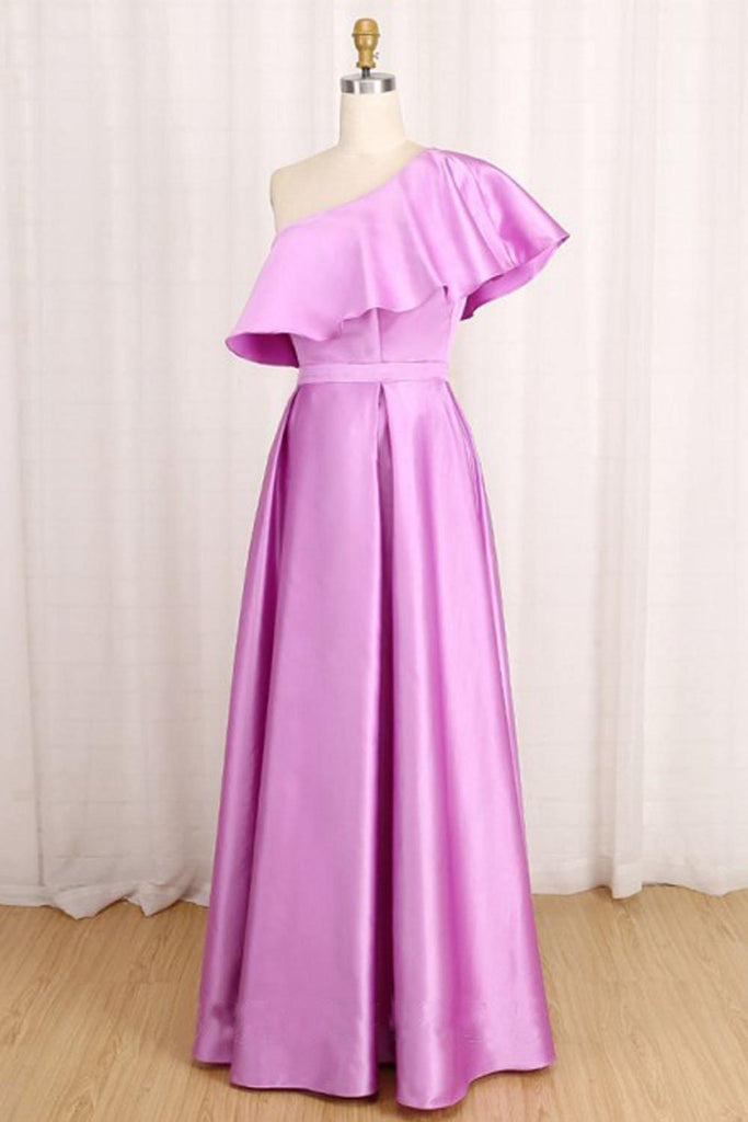 A-Line One-Shoulder Long Satin Prom Dress Party Dress with Ruffles PSK138 - Pgmdress