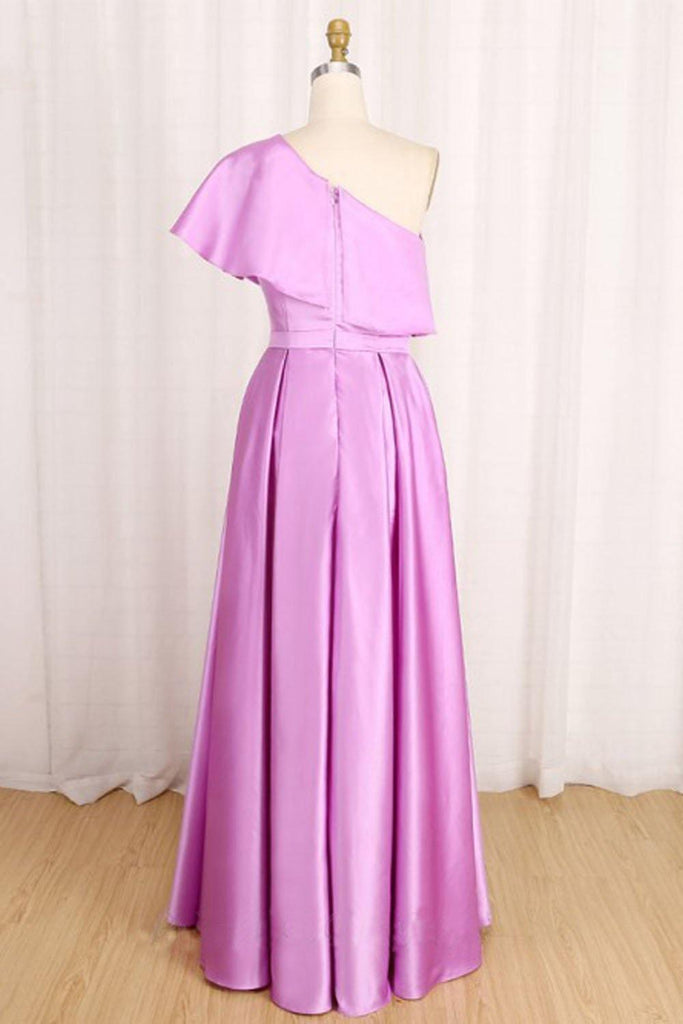 A-Line One-Shoulder Long Satin Prom Dress Party Dress with Ruffles PSK138 - Pgmdress