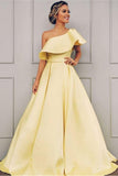 A-Line One-Shoulder Long Satin Prom Dress Party Dress with Ruffles PSK138