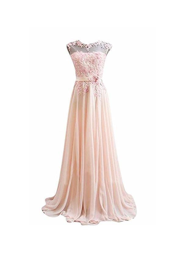 A Line Pink Long Lace Chiffon Prom Evening Dresses PG273 - Pgmdress