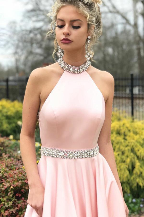 A Line Halter Neck Backless Beading Satin Long Pink Prom Dresses, Back –  Shiny Party
