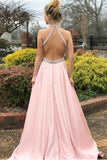 A-Line Pink Satin Open Back Sleeveless Prom Dress with Beading PG602 - Pgmdress